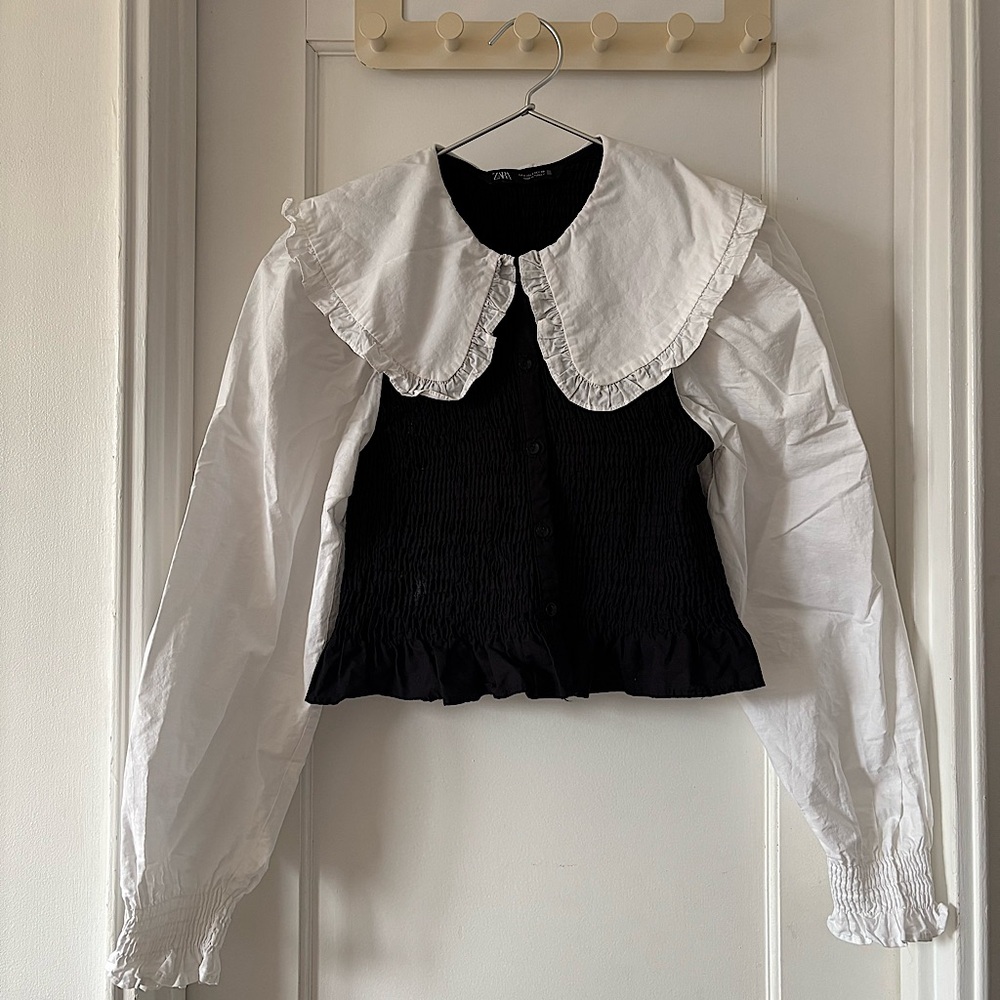 ZARA black and white crop top frill shirt